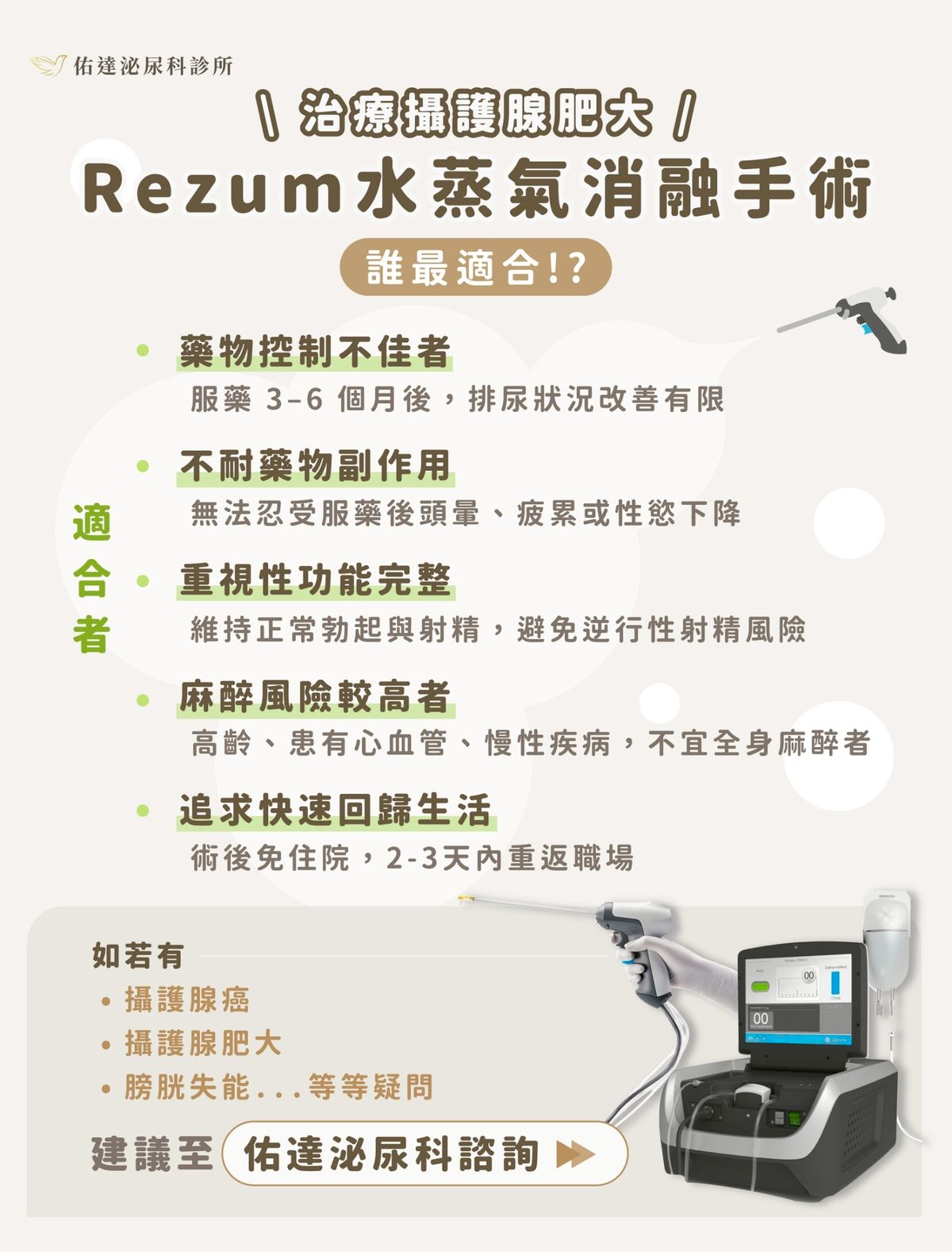 Rezum 攝護腺水蒸氣消融術適合對象 - 藥物控制不佳、不耐藥物副作用、重視性功能完整、麻醉風險較高、追求快速回歸生活 - 佑達泌尿科