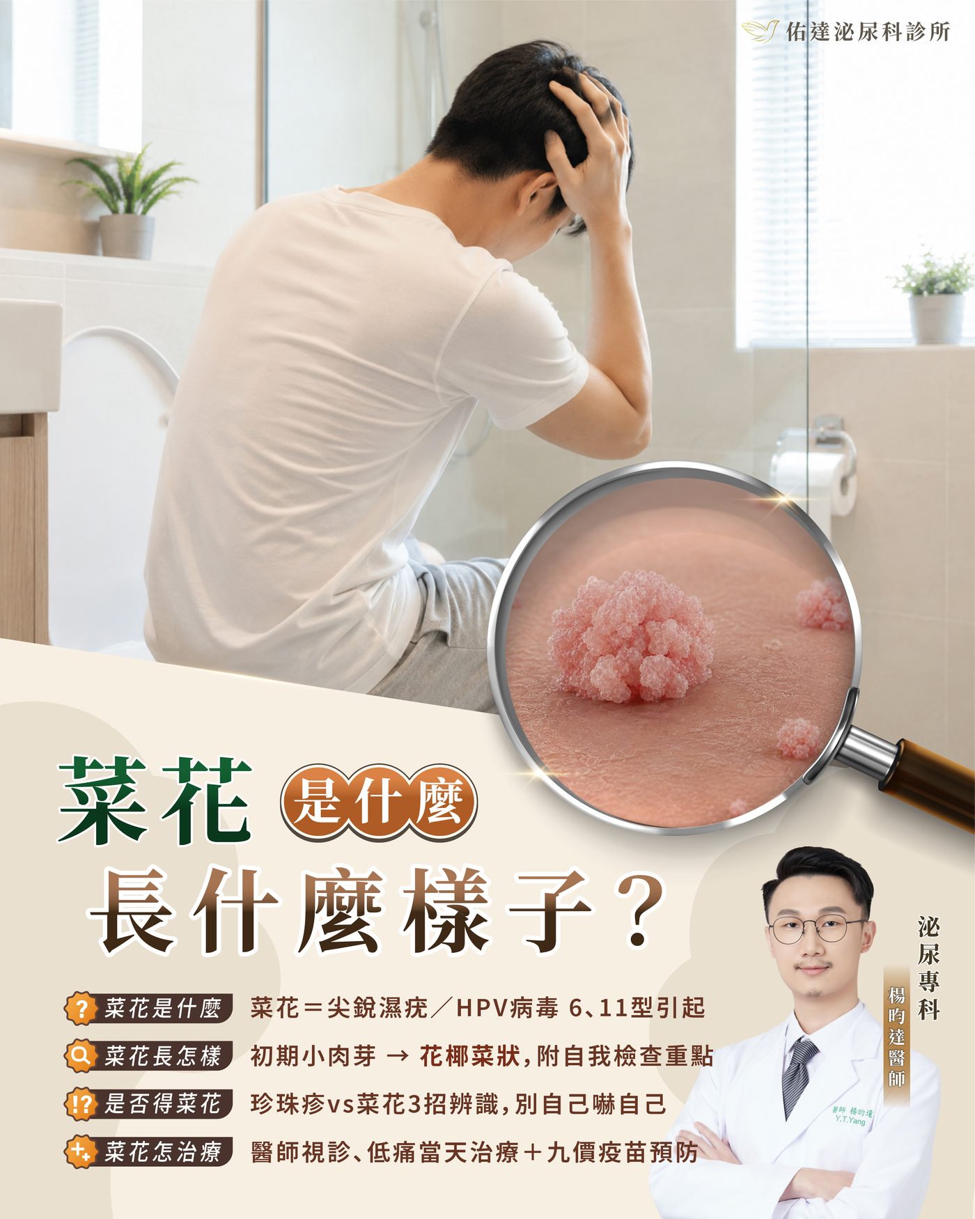 菜花是什麼?長什麼樣子?菜花=尖銳濕疣,由 HPV 病毒 6、11 型引起,附自我檢查與治療重點|佑達泌尿科